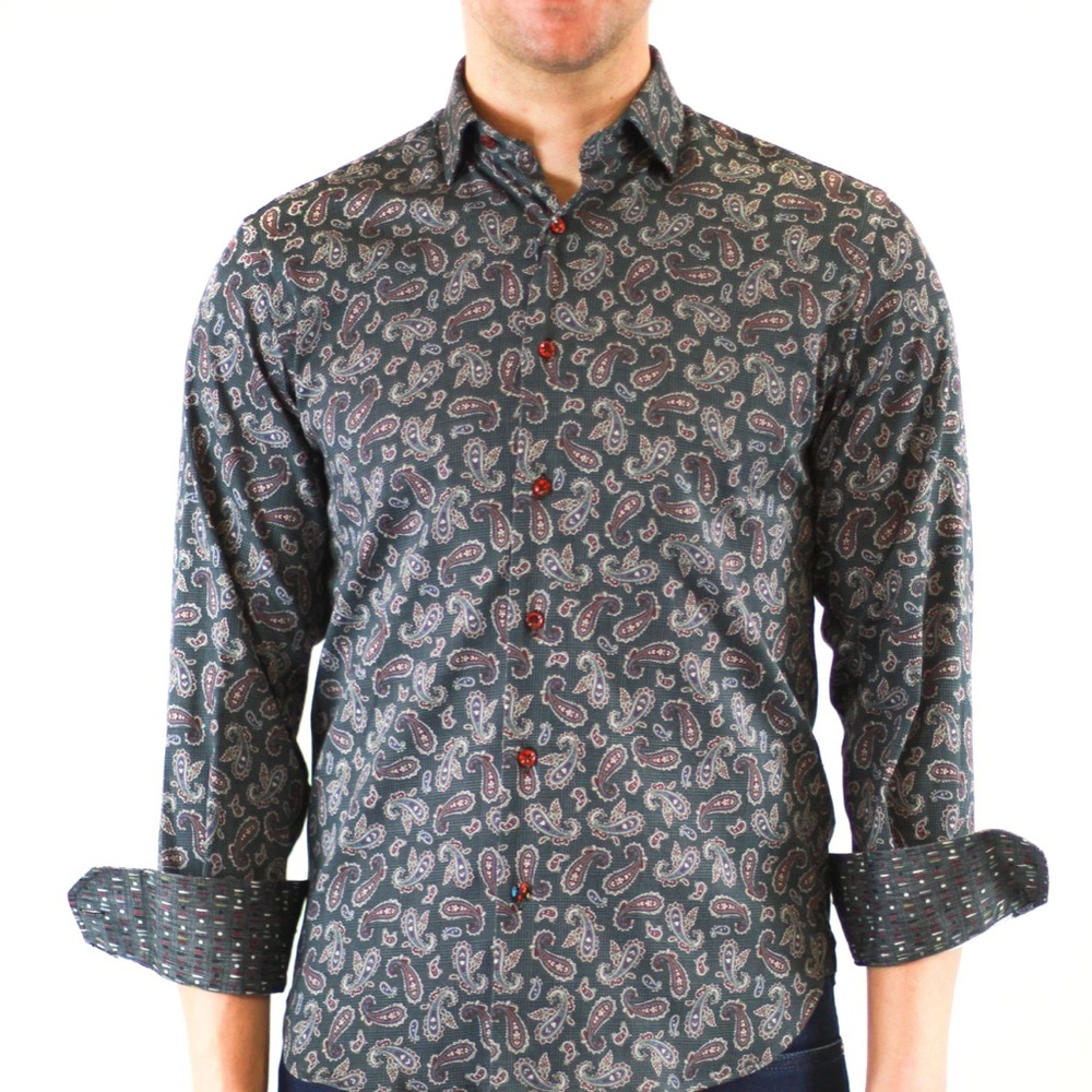 NWT Visconti Men’s Green Paisley Long Sleeve Button Down Shirt M, XL $135